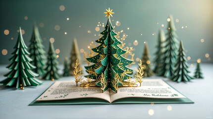 Biglietto di auguri pop-up con albero di Natale e luci decorative