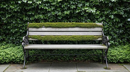 Weathered wooden garden bench with iron details, covered in moss, surrounded by overgrown ivy