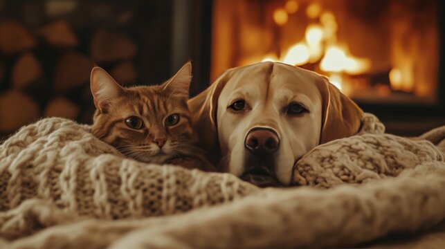 A cat and dog cuddle up together on a blanket in front of a fireplace.