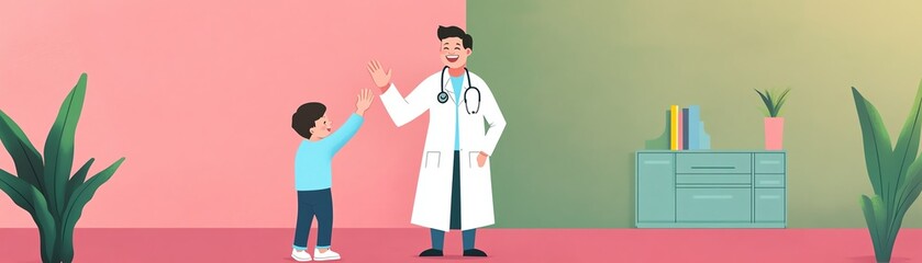 2 A doctor laughing with a child patient, giving a highfive, cartoon illustration, vibrant colors, playful mood, high contrast