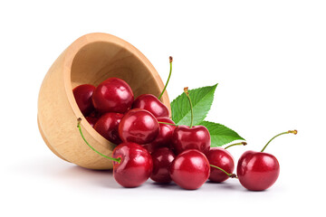 Cherry fruit with wooden bowl isolated on white background.