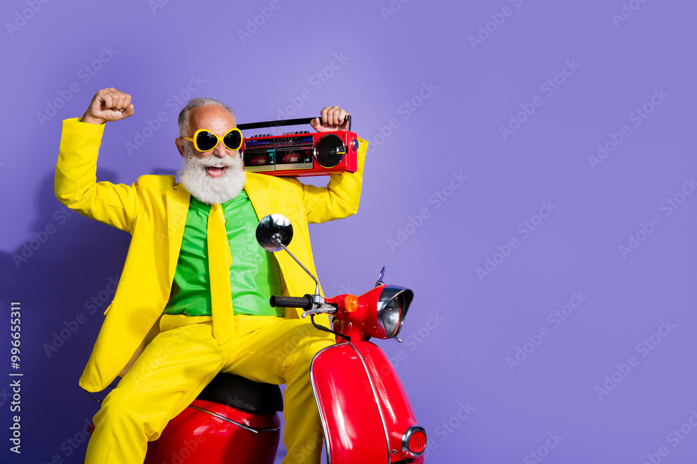 Canvas Prints Photo of optimistic glad retired man gentleman dressed yellow bright stylish clothes isolated on purple color background