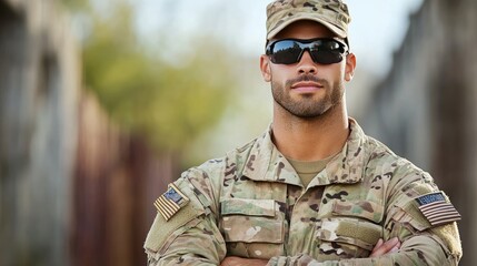 Fototapeta premium Confident soldier in camouflage uniform with sunglasses, representing strength and dedication in a military setting.