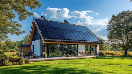 Obraz premium Solar panels installed on the roof of an eco-friendly home effectively capture sunlight to power the building.
