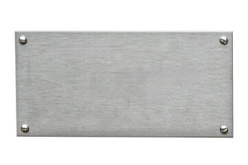 Distressed stainless steel plaque with a brush silver metal texture and screws, png file cut out and isolated on a transparent background, signage stock photo image