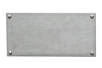 Distressed stainless steel plaque with a brush silver metal texture and screws, png file cut out and isolated on a transparent background, signage stock photo image