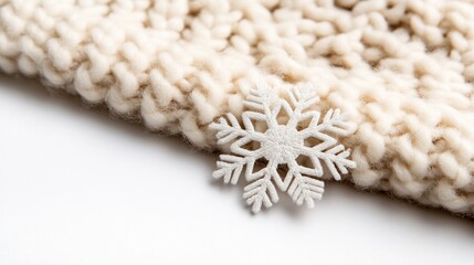 Cozy texture of a knitted fabric adorned with a delicate snowflake, evoking feelings of warmth in wintertime.