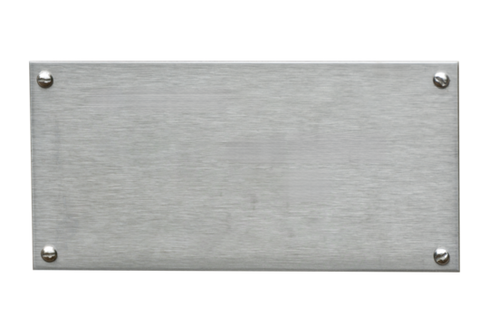 Distressed stainless steel plaque with a brush silver metal texture and screws, png file cut out and isolated on a transparent background, signage stock photo image