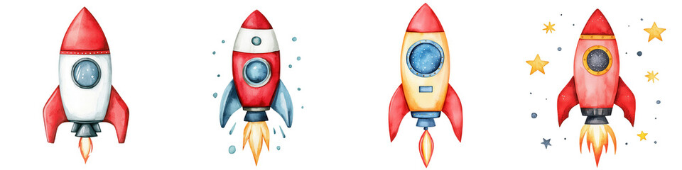 Four colorful rocket ships with flames on a white isolate background.