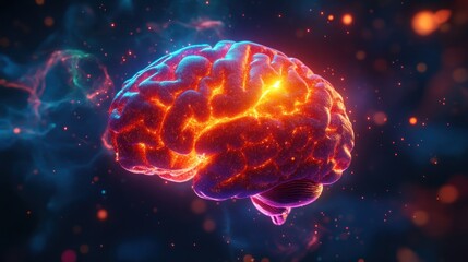 Obraz premium A vibrant, glowing 3D representation of a brain amidst a cosmic background.