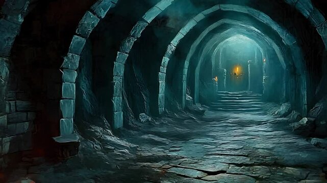 Mysterious stone dungeon with dark arched corridors, eerie lighting, ancient underground passage, abandoned crypt atmosphere.