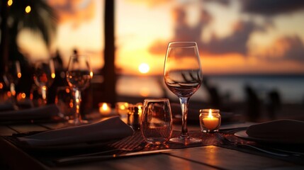 Romantic dinner table setting with wine glass on a wooden table, with the sunset in the background.