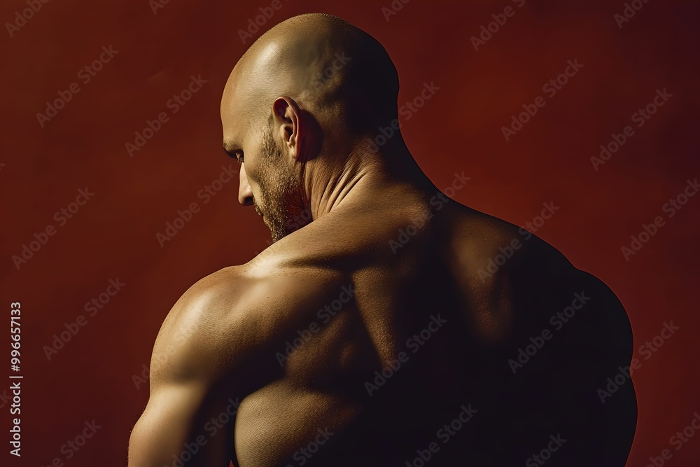 Poster Muscular Bald Man in Strong Lighting, strength, fitness, body, back