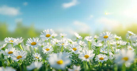 Fototapeta premium Fresh real daisy flowers, blossoms, growing in green meadow grass on a warm sunny spring summer day with a bright blue sunlit sky background