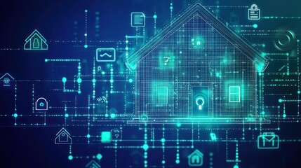 Fototapeta premium A digital illustration of a smart home concept with interconnected technology symbols.