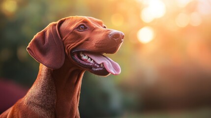 A close-up of a happy dog with a blurred background during sunset.