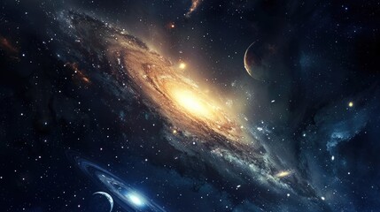 Naklejka premium Spiral galaxy in deep space with stars and planets. Astronomy and space exploration concept.
