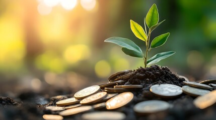 Eco-Friendly Symbol Emerging from a Coin Pile, plant, growth, sustainability, money