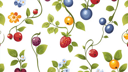 Seamless pattern with colorful berries and leaves on a white background
