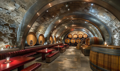 Wine cellar featuring stainless steel tanks and wooden barrels in a stone archway setting