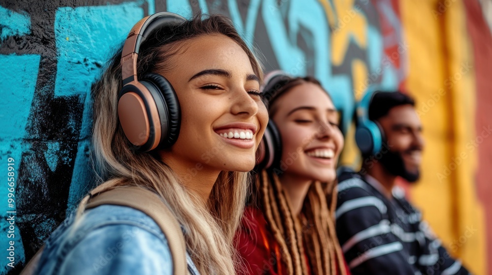 Canvas Prints Three young people enjoying music with headphones against a colorful graffiti background.