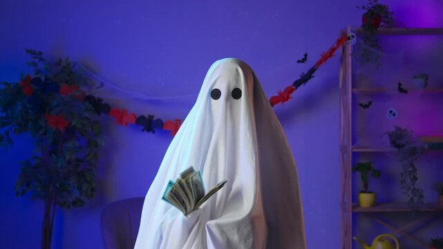 Funny halloween ghost in white sheet in dark decorated room holding fan of money bills, throws banknotes in the air. Happy halloween spooky concept.