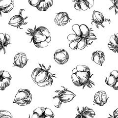 The cotton is organic. Seamless black and white pattern, graphic vector illustrations in the form of cotton boxes. On a white background. For packaging, textiles, labels and printing.