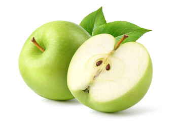 Fresh green apple with green leaf and cut in half isolated on white background. Clipping path.