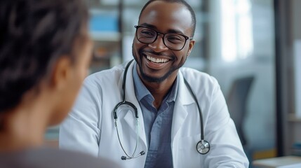 Smiling healthcare professional engaging with a patient in a bright clinic during a routine consultation