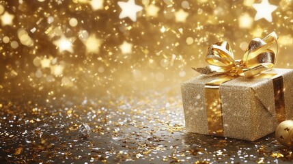 Gleaming holiday backdrop featuring shimmering stars and confetti complemented by a decorative gift box A dazzling gold and silver festive card design