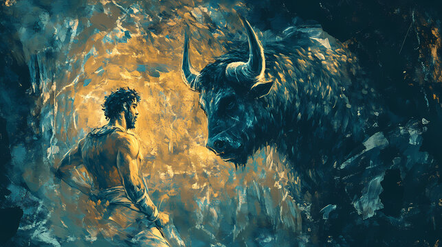 Theseus found the creature minotaur in cave labyrinth greek mythology tale. neural network ai generated art. Greek Mythology. Illustration