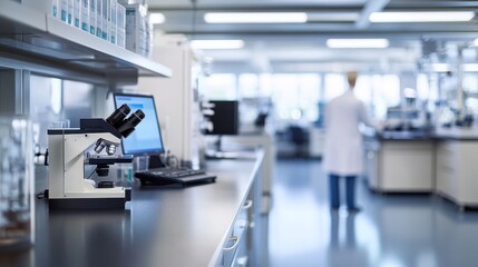 This laboratory features advanced equipment, including a microscope and computers, highlighting a clean workspace where scientific research takes place