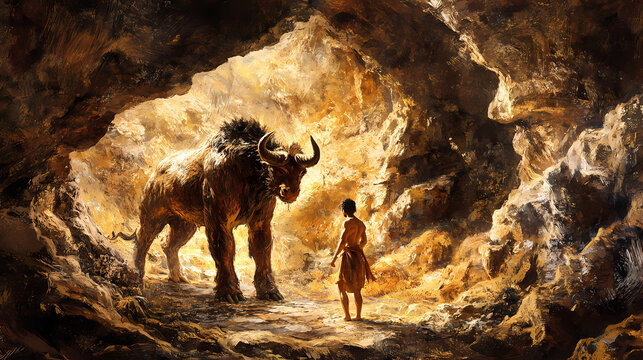 Theseus found the creature minotaur in cave labyrinth greek mythology tale. neural network ai generated art. Greek Mythology. Illustration