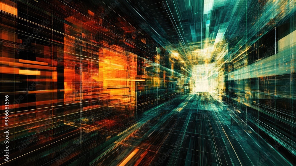Poster Stylish and contemporary depiction of a digital grid highlighting the fusion of technology design and abstract elements