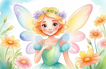 adorable fairy girl with wings and flora wreath watercolor pastel style
