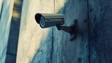 A camera installed and mounted on the wall of a private property, monitoring activities 24/7 to record any potential irregularities.