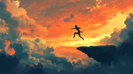 Obraz premium Illustrate a person taking a bold leap or step into the unknown, symbolizing their willingness to take risks. This could be a literal leap from a high place or a metaphorical leap into a new venture. 