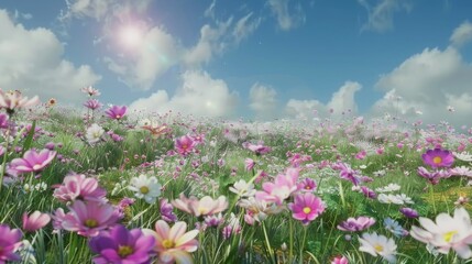 Obraz premium Field of pink and white flowers under a sunny blue sky. Springtime nature landscape.