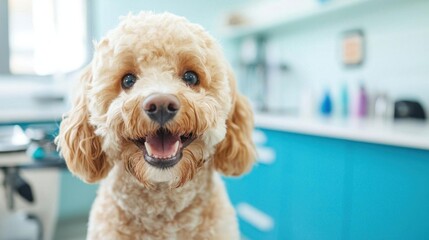 Happy dog smiling in a bright, modern grooming environment.