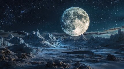 A breathtaking landscape showcases icy peaks beneath a vast luminous moon in a starry night sky evoking feelings of wonder and surreal beauty