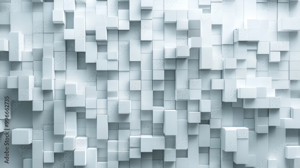 Poster 3D rendering of an abstract cube background featuring a white voxel mosaic with geometric shapes