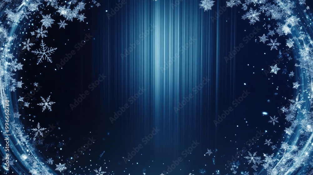 Poster Christmas backdrop featuring blue vertical lines that fade away complemented by swirling sparkling snowflakes in a circular arrangement