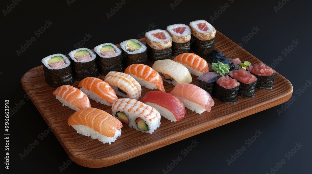 Poster 3D model showcasing an assortment of delicious sushi on a wooden plate Includes various types like tuna crab salmon eel and rolls