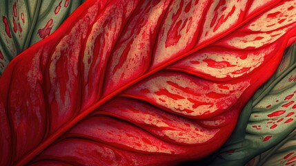 Naklejka premium Close up of a beautifully patterned exotic plant leaf featuring vibrant red veins and unique markings