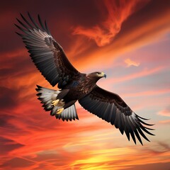 Naklejka premium This breathtaking photograph captures the dramatic beauty of an eagle soaring against a stunning sunset sky.