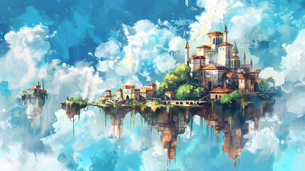 Floating Islands building fantasy Watercolor