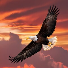Obraz premium This breathtaking photograph captures the dramatic beauty of an eagle soaring against a stunning sunset sky.