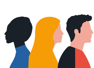 creative illustration of two women and a man looking in different directions. minimalist vector graphic