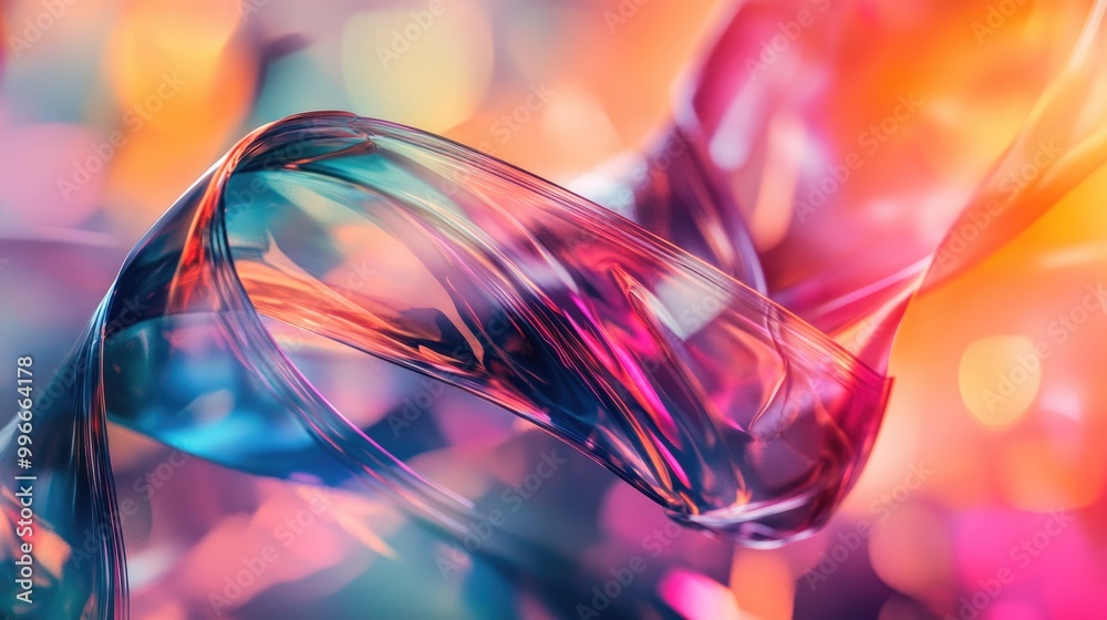 Aufkleber Dynamic twisted plastic wraps with an abstract design against a blurred colorful background
