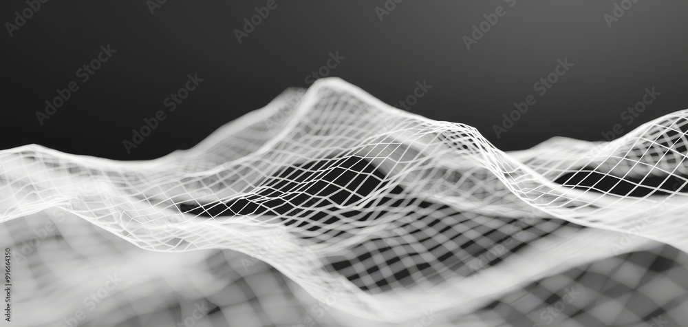 Leinwandbilder Abstract 3D wave-like grid structure with a black gradient background. The intricate lines create a sense of depth and movement, perfect for backgrounds or tech-related designs.